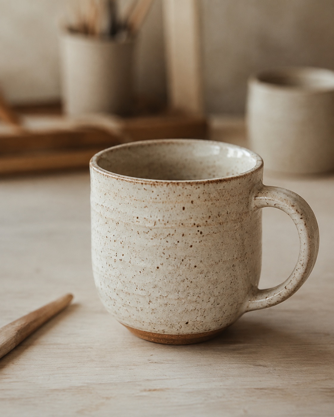 Speckled stoneware mug on the studio workbench